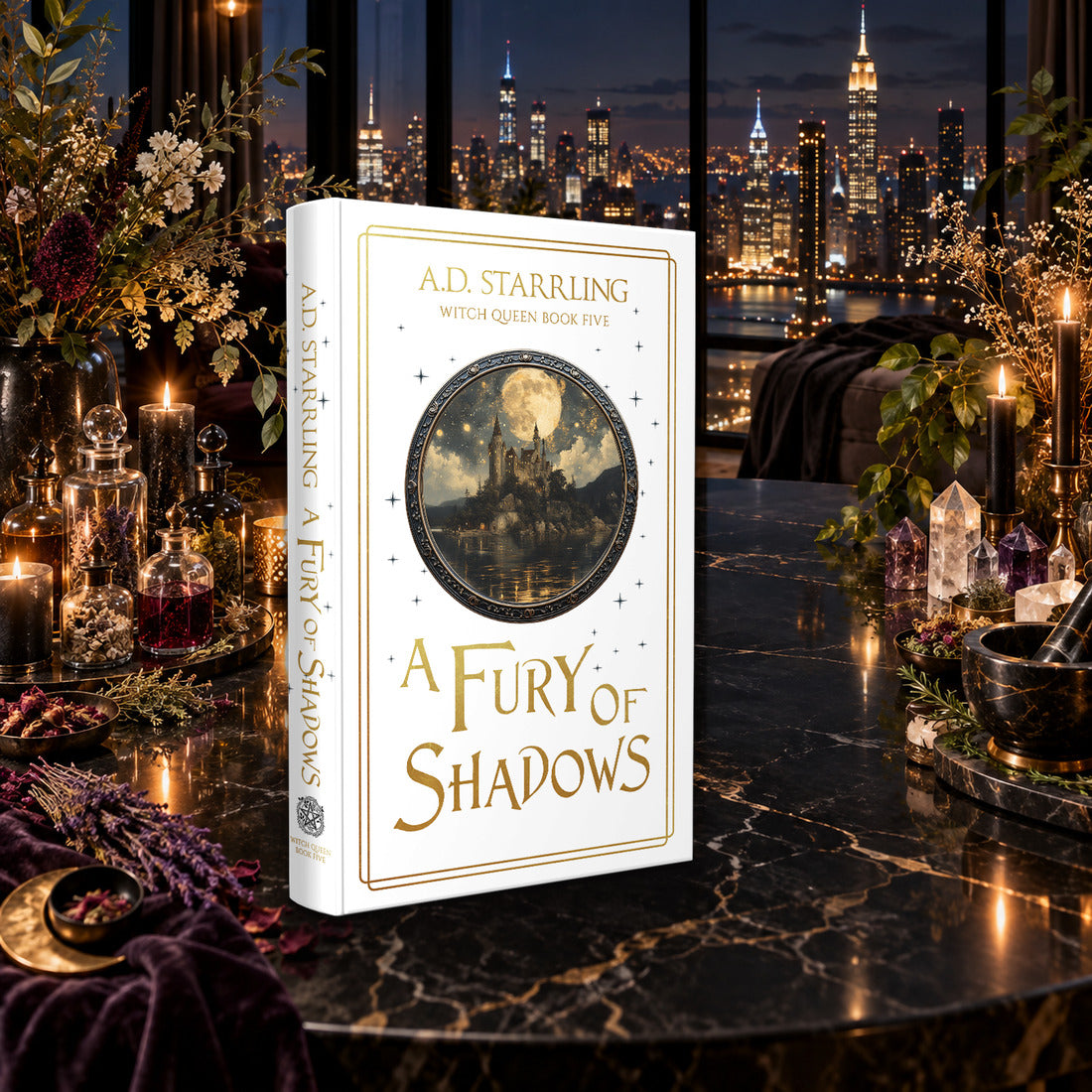 A Fury of Shadows (Witch Queen Book 5) Special Edition Hardback by A.D. Starrling on a marble table among crystals and candles with the New York skyline at night