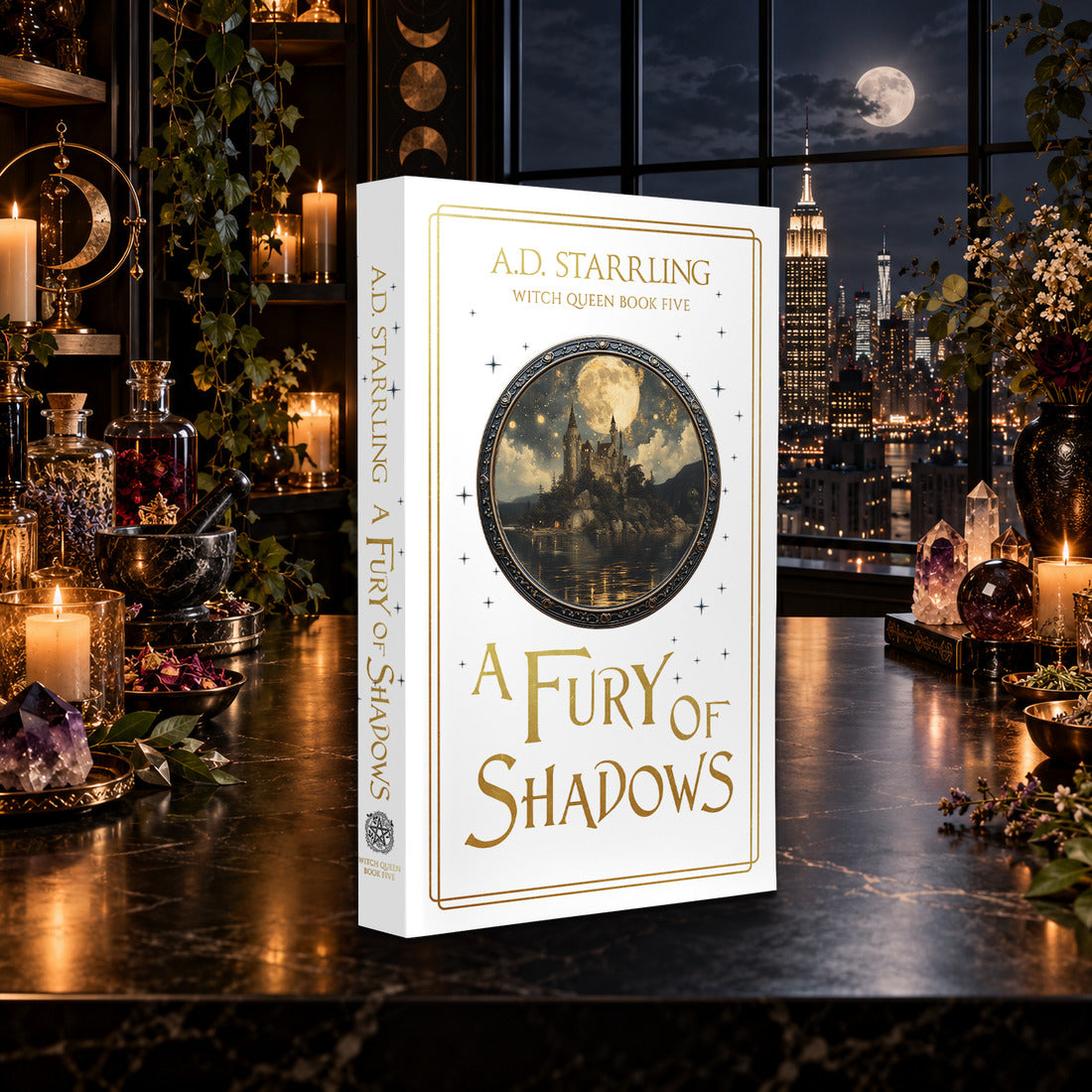 A Fury of Shadows (Witch Queen Book 5) Special Edition Paperback by A.D. Starrling on a marble table by a moonlit window over the New York skyline