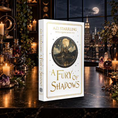 A Fury of Shadows (Witch Queen Book 5) Special Edition Paperback by A.D. Starrling on a marble table by a moonlit window over the New York skyline