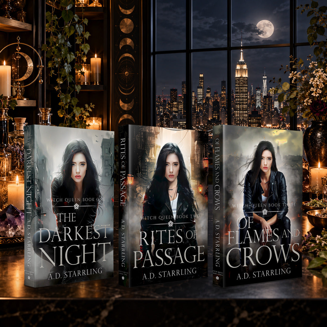 Witch Queen Books 1–3 Paperback bundle by A.D. Starrling on a candlelit witch's table with the New York skyline at night