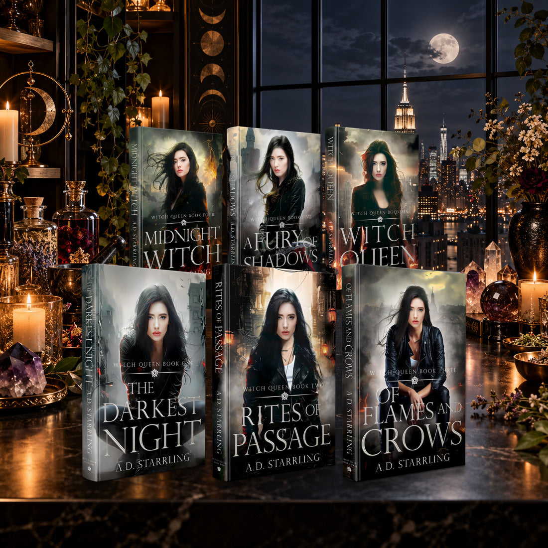 Witch Queen Books 1–6 complete series Hardback bundle by A.D. Starrling on a marble plinth