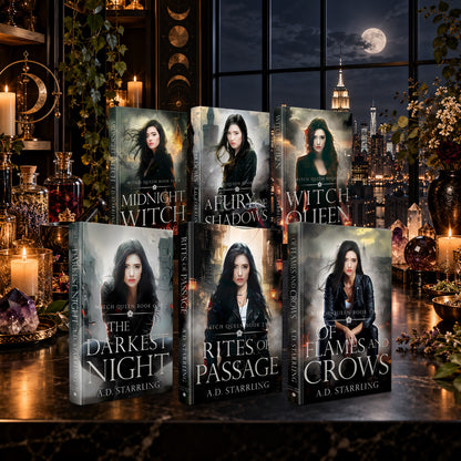 Witch Queen Books 1–6 complete series Hardback bundle by A.D. Starrling on a marble plinth