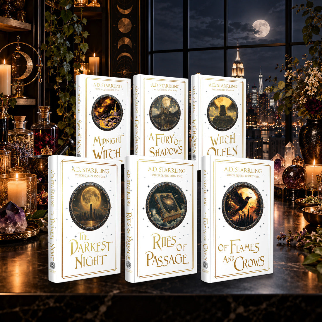 Witch Queen Books 1–6 complete series Special Edition Hardback bundle by A.D. Starrling on a marble plinth