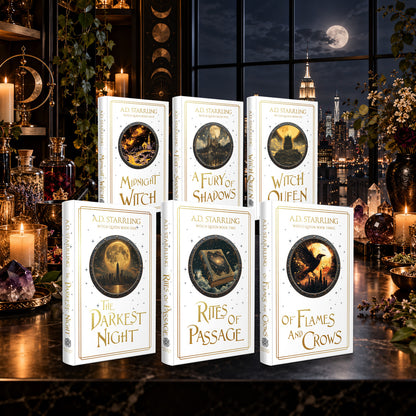Witch Queen Books 1–6 complete series Special Edition Hardback bundle by A.D. Starrling on a marble plinth