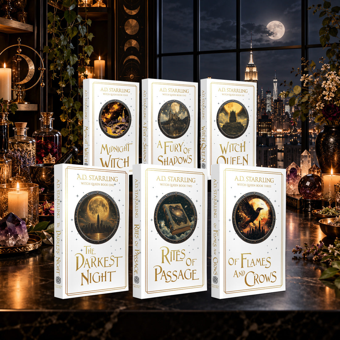 Witch Queen Books 1–6 complete series Special Edition Paperback bundle by A.D. Starrling on a marble plinth