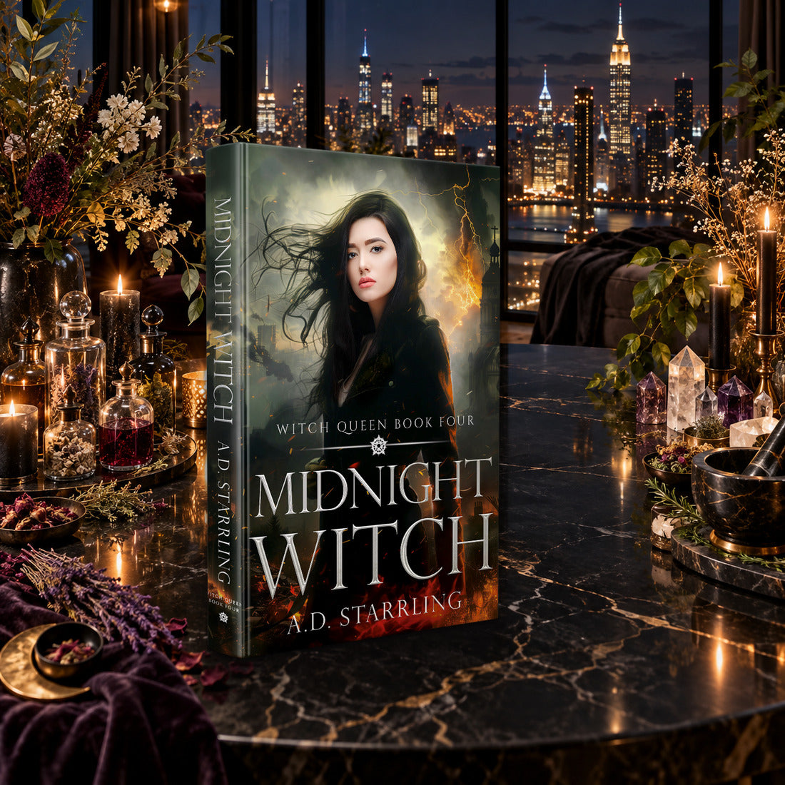 Midnight Witch (Witch Queen Book 4) Hardback by A.D. Starrling on a marble table among crystals and candles with the New York skyline at night