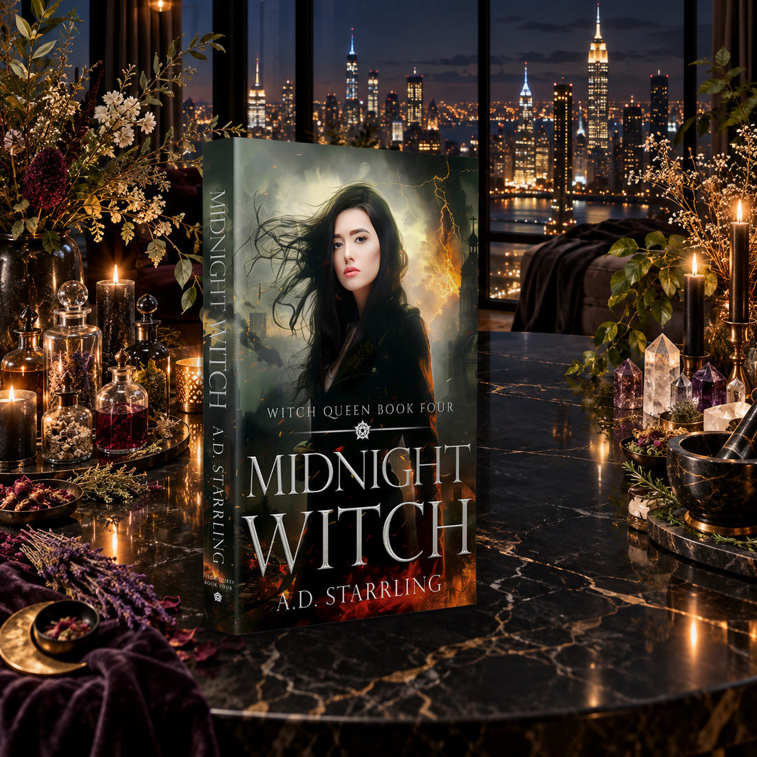 Midnight Witch (Witch Queen Book 4) Paperback by A.D. Starrling on a marble table among crystals and candles with the New York skyline at night