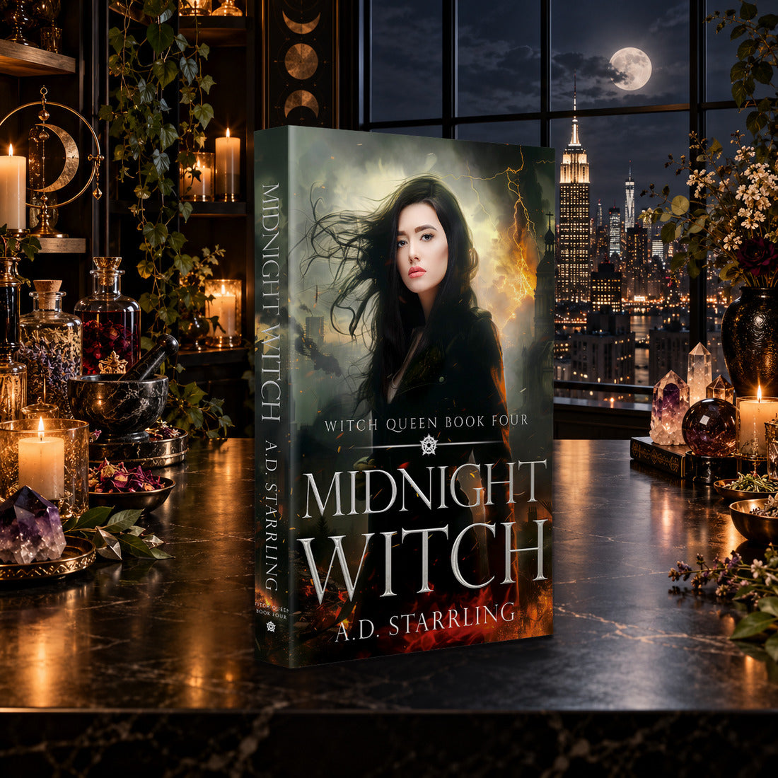 Midnight Witch (Witch Queen Book 4) Paperback by A.D. Starrling on a marble table by a moonlit window over the New York skyline