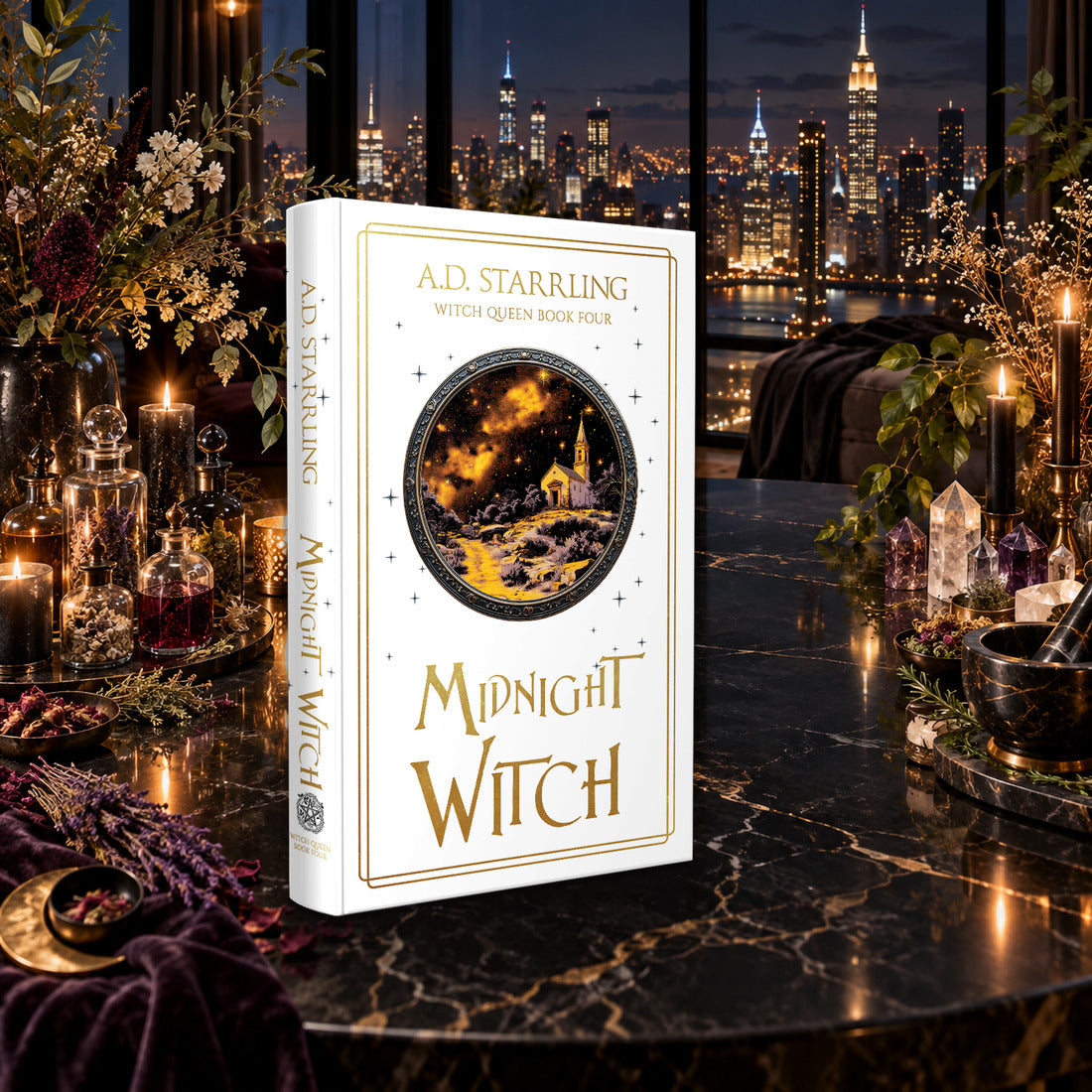 Midnight Witch (Witch Queen Book 4) Special Edition Hardback by A.D. Starrling on a marble table among crystals and candles with the New York skyline at night