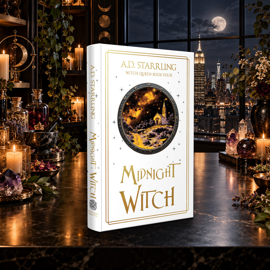 Midnight Witch (Witch Queen Book 4) Special Edition Hardback by A.D. Starrling on a marble table by a moonlit window over the New York skyline