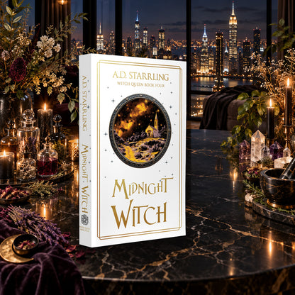 Midnight Witch (Witch Queen Book 4) Special Edition Paperback by A.D. Starrling on a marble table among crystals and candles with the New York skyline at night