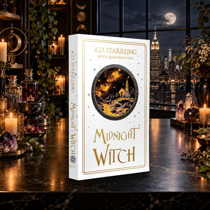 Midnight Witch (Witch Queen Book 4) Special Edition Paperback by A.D. Starrling on a marble table by a moonlit window over the New York skyline