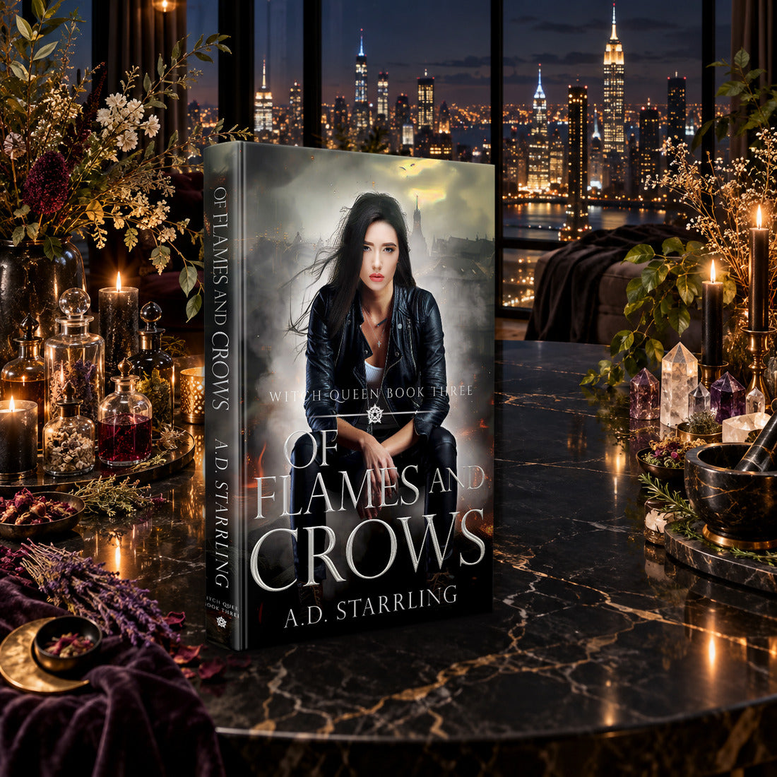 Of Flames and Crows (Witch Queen Book 3) Hardback by A.D. Starrling on a marble table among crystals and candles with the New York skyline at night