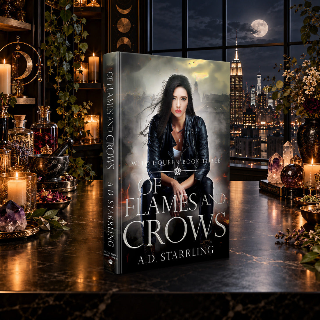 Of Flames and Crows (Witch Queen Book 3) Hardback by A.D. Starrling on a marble table by a moonlit window over the New York skyline