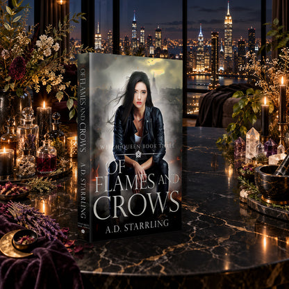 Of Flames and Crows (Witch Queen Book 3) Paperback by A.D. Starrling on a marble table among crystals and candles with the New York skyline at night