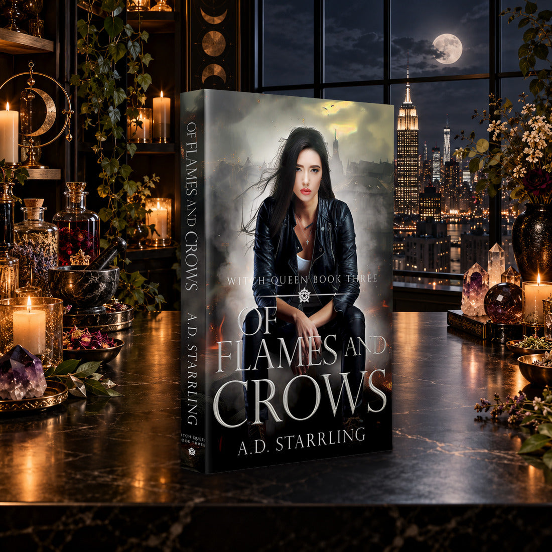 Of Flames and Crows (Witch Queen Book 3) Paperback by A.D. Starrling on a marble table by a moonlit window over the New York skyline