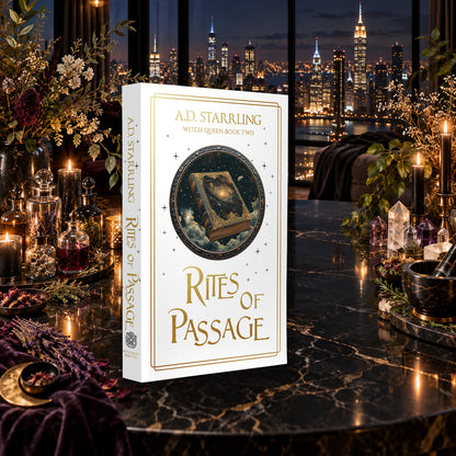 Rites of Passage (Witch Queen Book 2) Special Edition Paperback by A.D. Starrling on a marble table among crystals and candles with the New York skyline at night