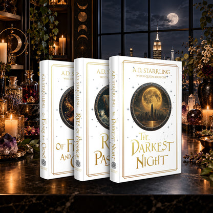 Witch Queen Books 1–3 Special Edition Hardback starter bundle by A.D. Starrling on a marble table by a moonlit window over the New York skyline