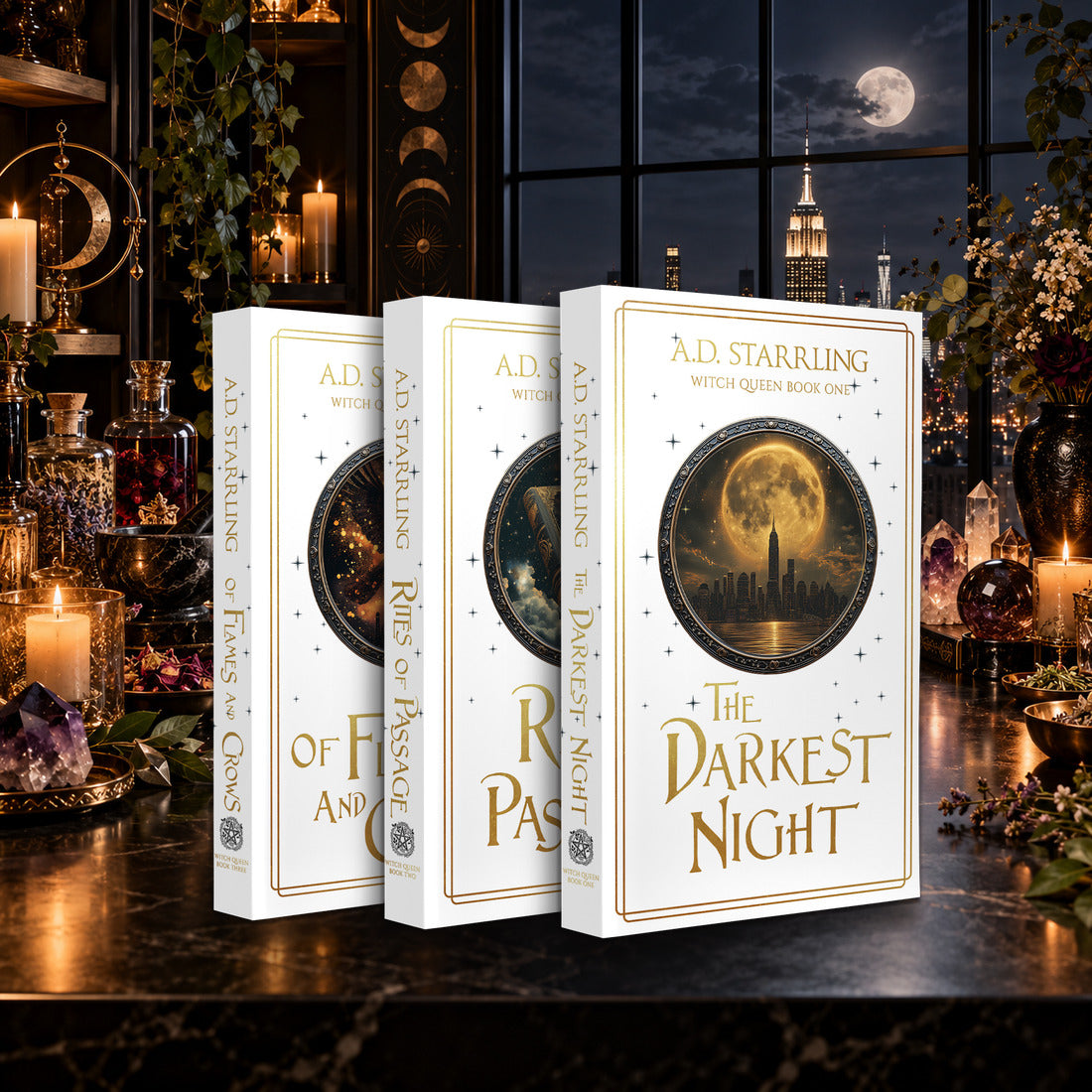 Witch Queen Books 1–3 Special Edition Paperback starter bundle by A.D. Starrling on a marble table by a moonlit window over the New York skyline
