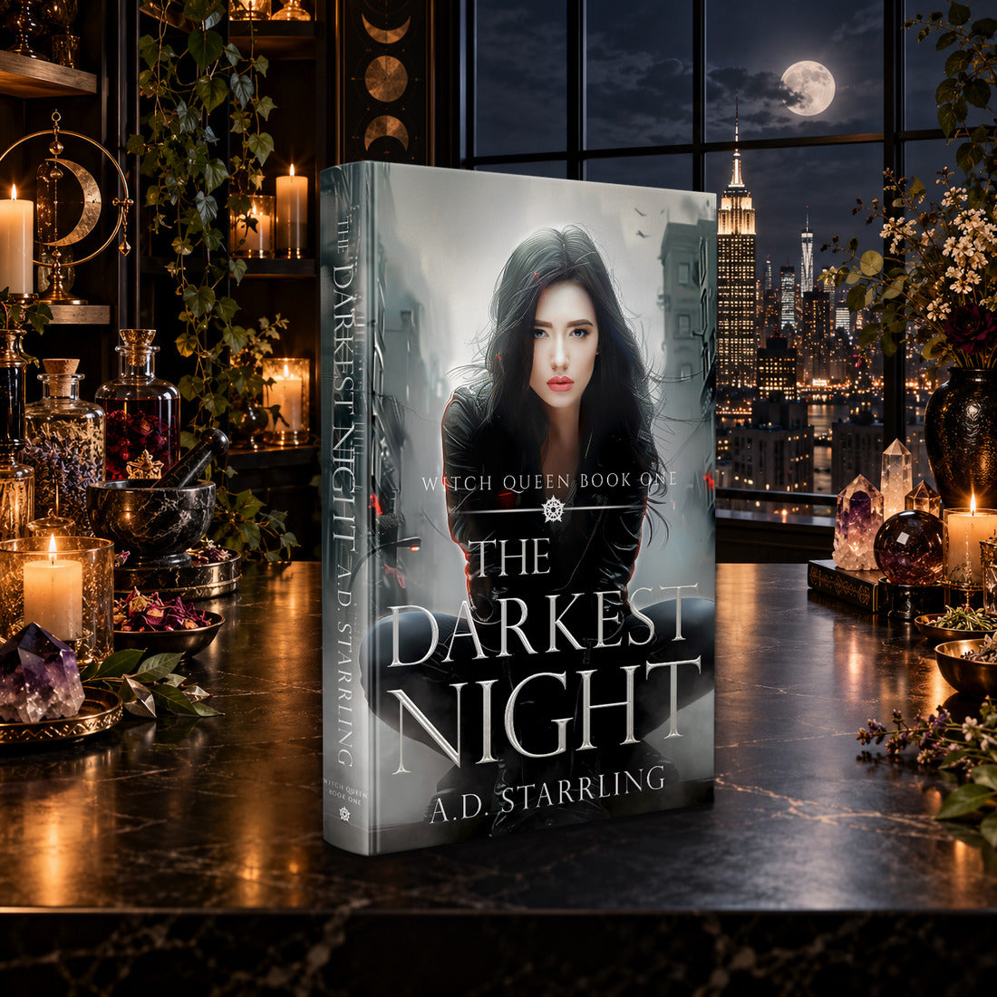 The Darkest Night (Witch Queen Book 1) Hardback by A.D. Starrling on a marble table by a moonlit window over the New York skyline