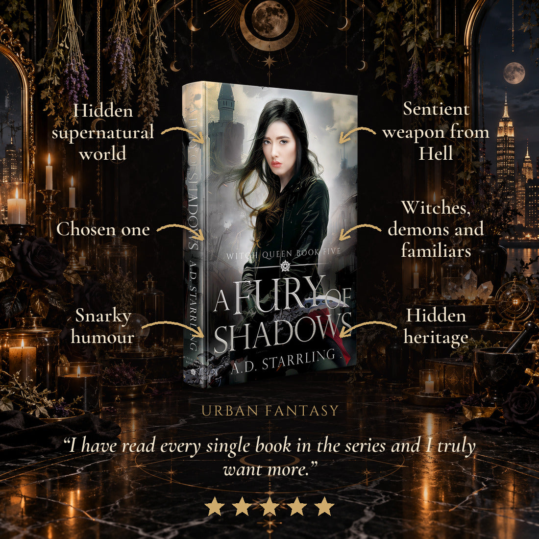 A Fury of Shadows Hardback tropes: Hidden supernatural world, Chosen one, Snarky humour, Sentient weapon from Hell, Witches, demons and familiars, Hidden heritage. Five-star reader review.