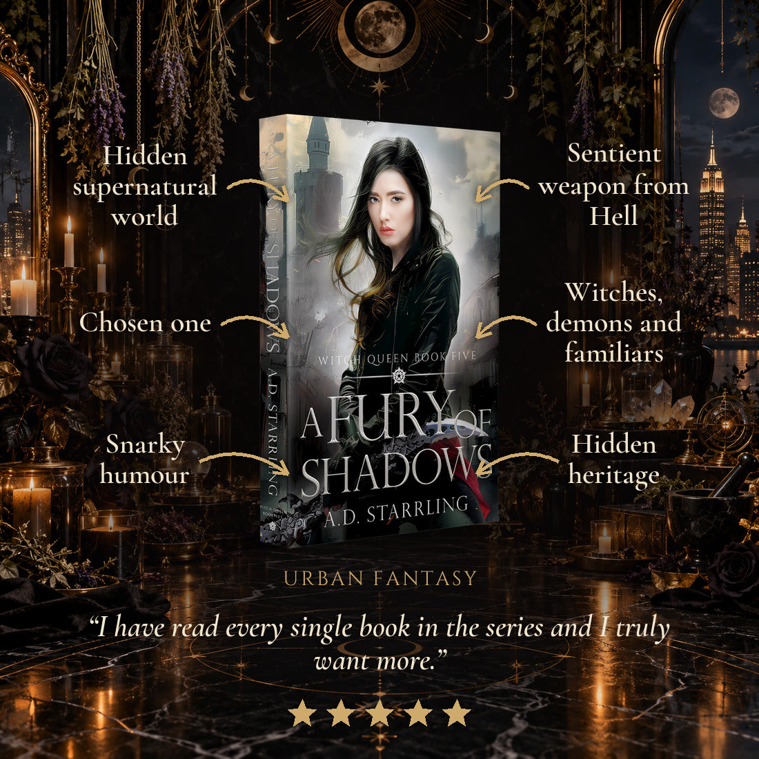 A Fury of Shadows Paperback tropes: Hidden supernatural world, Chosen one, Snarky humour, Sentient weapon from Hell, Witches, demons and familiars, Hidden heritage. Five-star reader review.