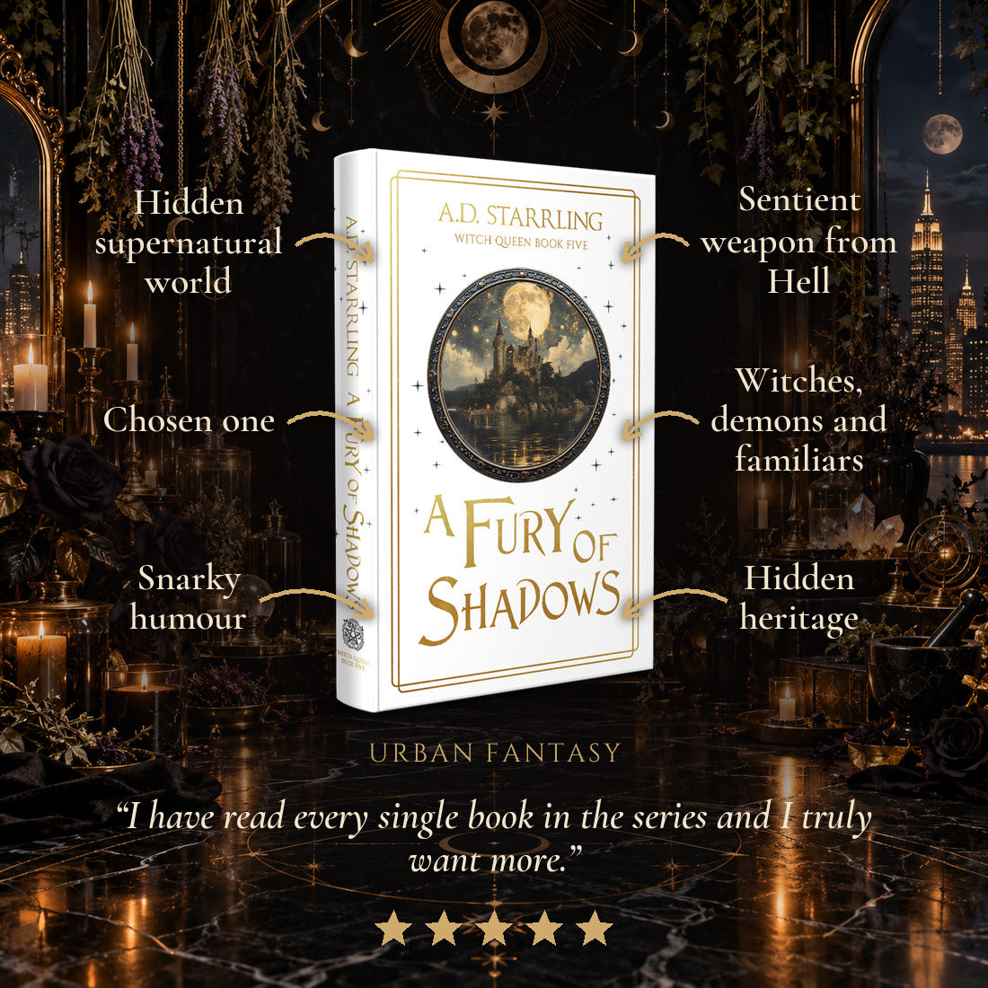 A Fury of Shadows Special Edition Hardback tropes: Hidden supernatural world, Chosen one, Snarky humour, Sentient weapon from Hell, Witches, demons and familiars, Hidden heritage. Five-star reader review.