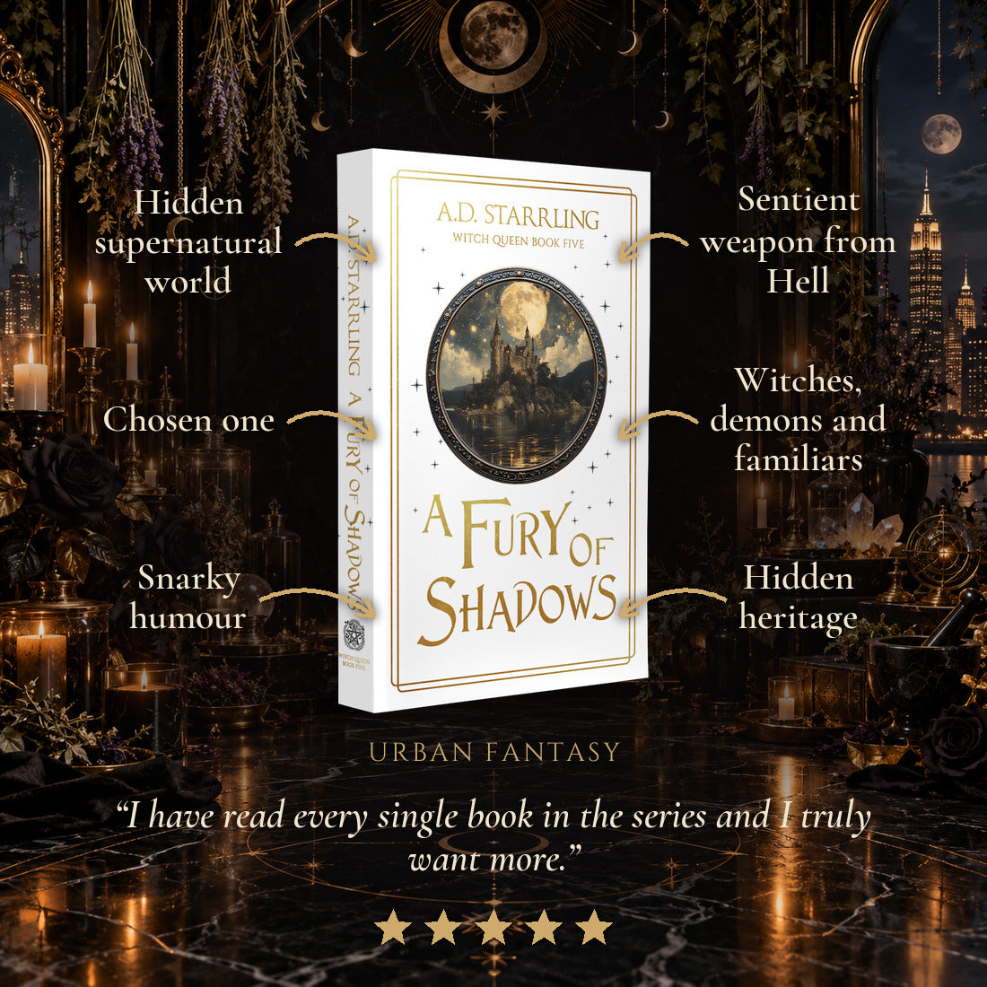 A Fury of Shadows Special Edition Paperback tropes: Hidden supernatural world, Chosen one, Snarky humour, Sentient weapon from Hell, Witches, demons and familiars, Hidden heritage. Five-star reader review.