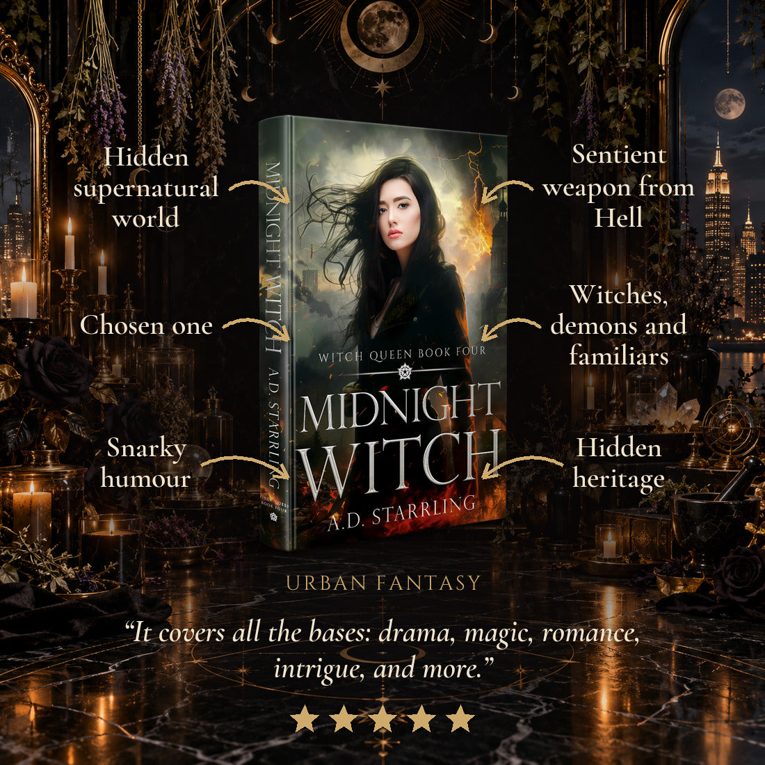 Midnight Witch Hardback tropes: Hidden supernatural world, Chosen one, Snarky humour, Sentient weapon from Hell, Witches, demons and familiars, Hidden heritage. Five-star reader review.
