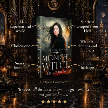 Midnight Witch Hardback tropes: Hidden supernatural world, Chosen one, Snarky humour, Sentient weapon from Hell, Witches, demons and familiars, Hidden heritage. Five-star reader review.