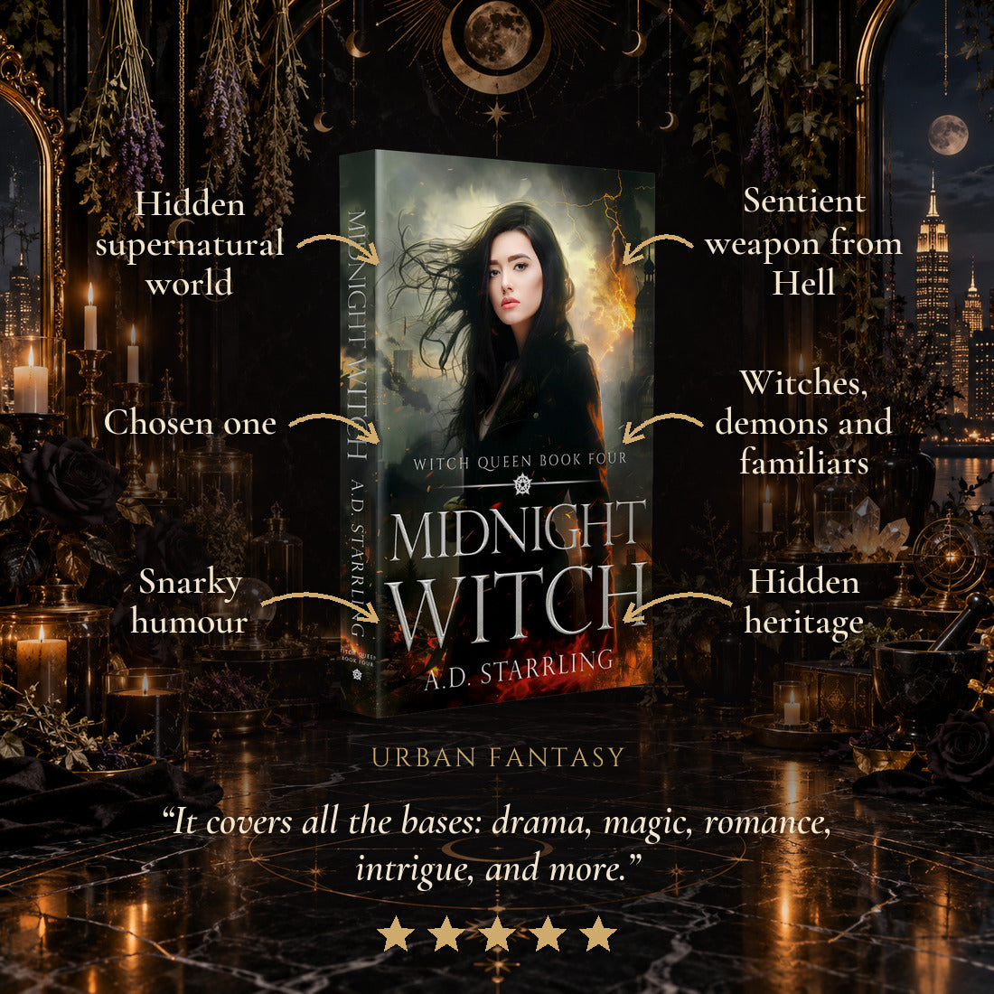 Midnight Witch Paperback tropes: Hidden supernatural world, Chosen one, Snarky humour, Sentient weapon from Hell, Witches, demons and familiars, Hidden heritage. Five-star reader review.