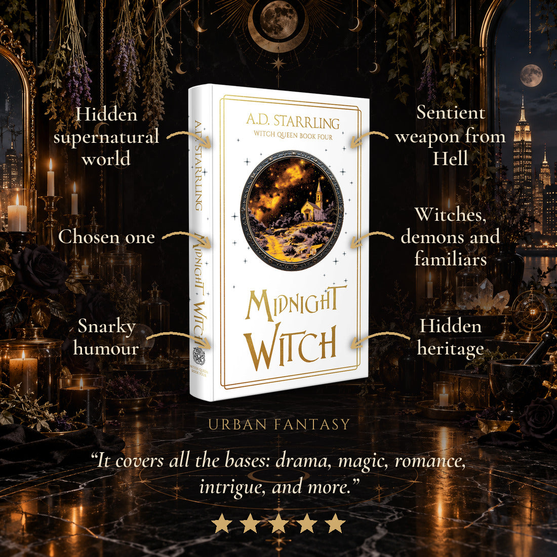Midnight Witch Special Edition Hardback tropes: Hidden supernatural world, Chosen one, Snarky humour, Sentient weapon from Hell, Witches, demons and familiars, Hidden heritage. Five-star reader review.