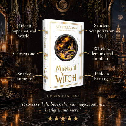 Midnight Witch Special Edition Hardback tropes: Hidden supernatural world, Chosen one, Snarky humour, Sentient weapon from Hell, Witches, demons and familiars, Hidden heritage. Five-star reader review.