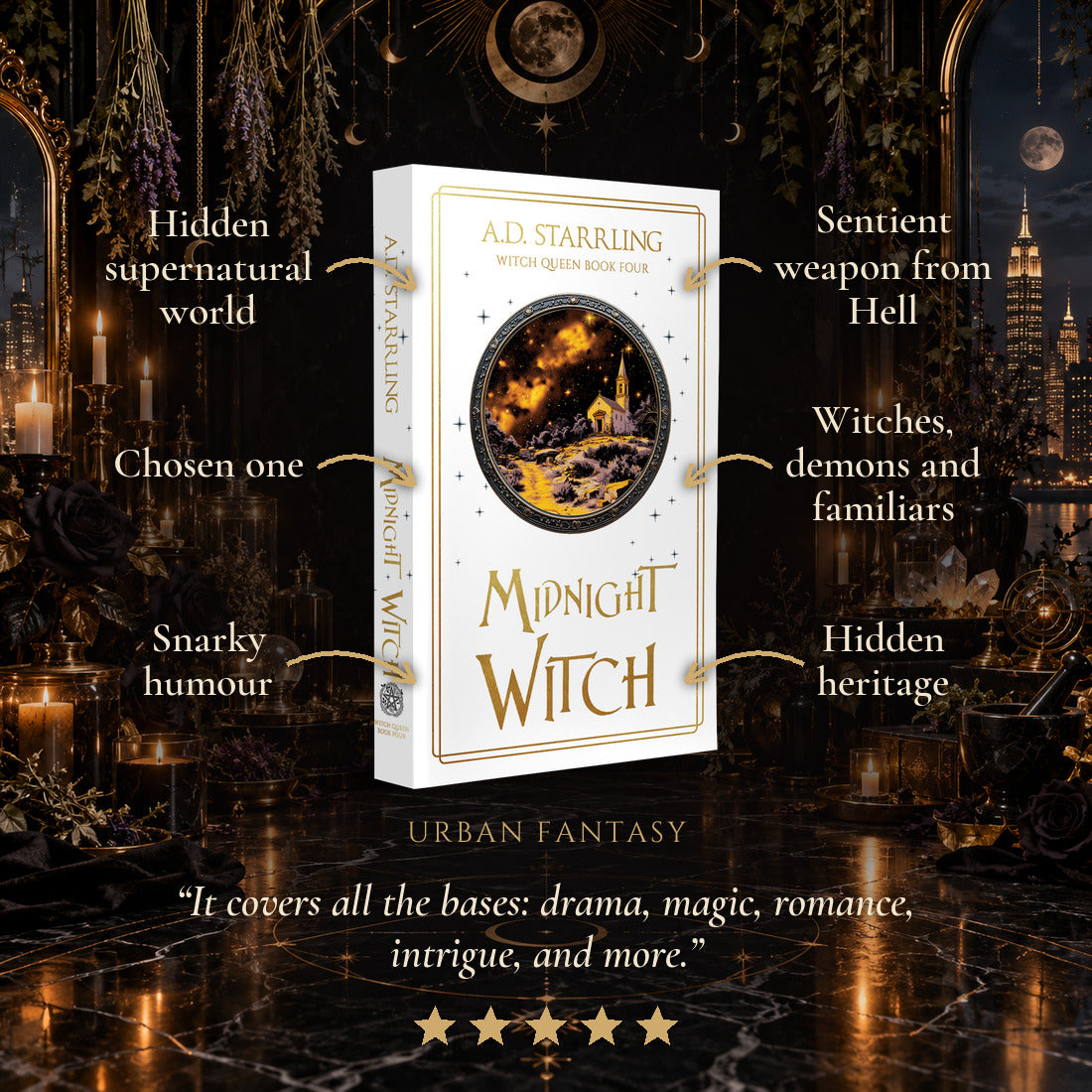 Midnight Witch Special Edition Paperback tropes: Hidden supernatural world, Chosen one, Snarky humour, Sentient weapon from Hell, Witches, demons and familiars, Hidden heritage. Five-star reader review.
