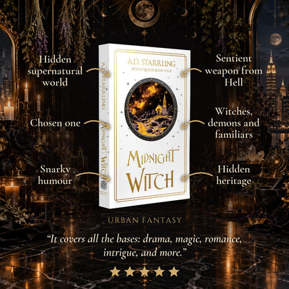 Midnight Witch Special Edition Paperback tropes: Hidden supernatural world, Chosen one, Snarky humour, Sentient weapon from Hell, Witches, demons and familiars, Hidden heritage. Five-star reader review.