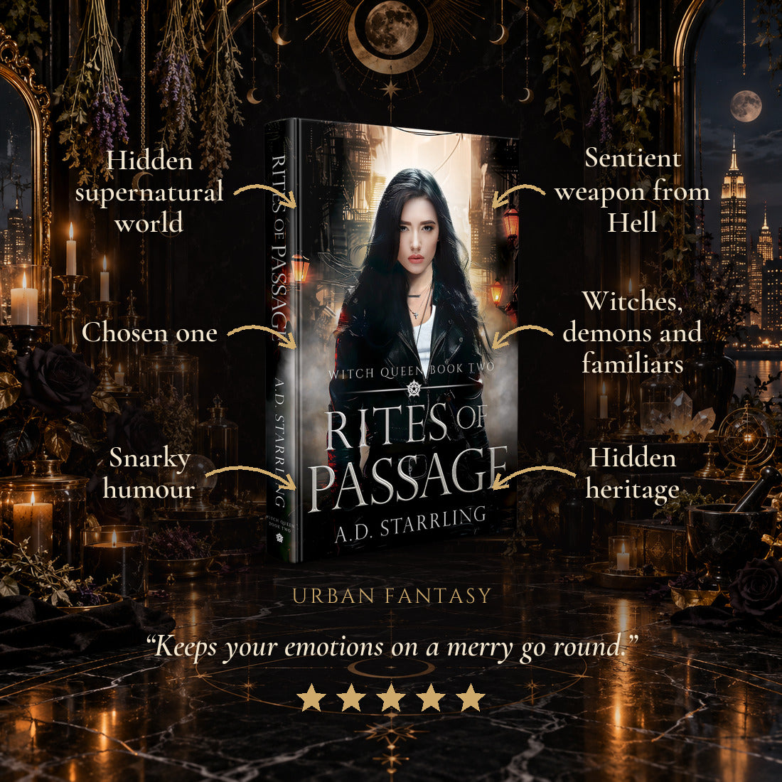 Rites of Passage Hardback tropes: Hidden supernatural world, Chosen one, Snarky humour, Sentient weapon from Hell, Witches, demons and familiars, Hidden heritage. Five-star reader review.