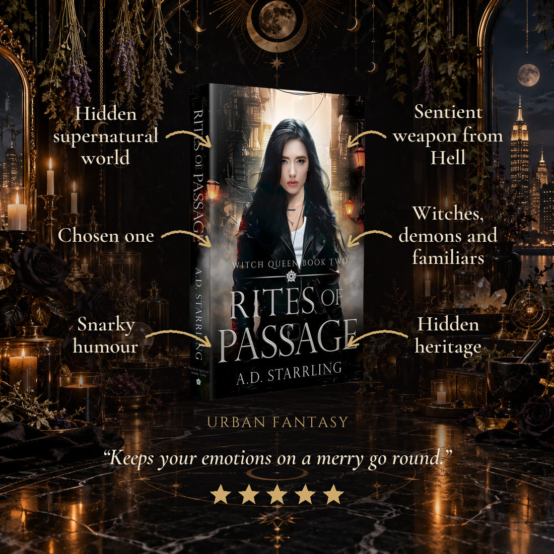 Rites of Passage Paperback tropes: Hidden supernatural world, Chosen one, Snarky humour, Sentient weapon from Hell, Witches, demons and familiars, Hidden heritage. Five-star reader review.