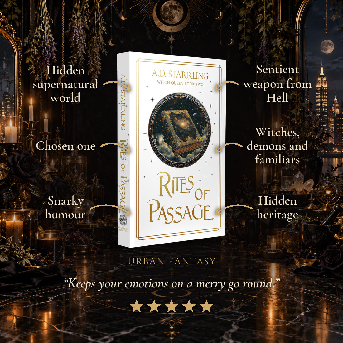 Rites of Passage Special Edition Paperback tropes: Hidden supernatural world, Chosen one, Snarky humour, Sentient weapon from Hell, Witches, demons and familiars, Hidden heritage. Five-star reader review.