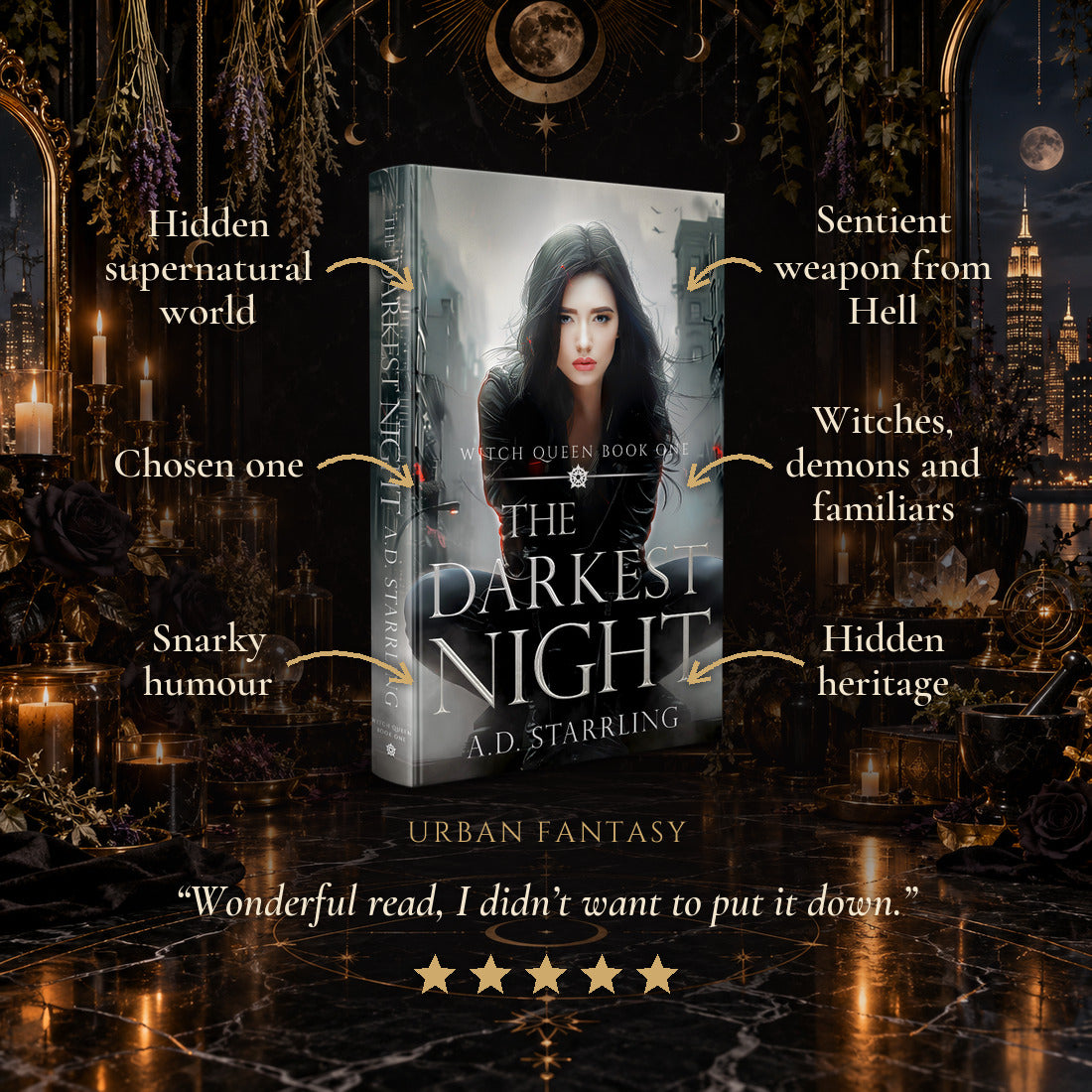 The Darkest Night Hardback tropes: Hidden supernatural world, Chosen one, Snarky humour, Sentient weapon from Hell, Witches, demons and familiars, Hidden heritage. Five-star reader review.