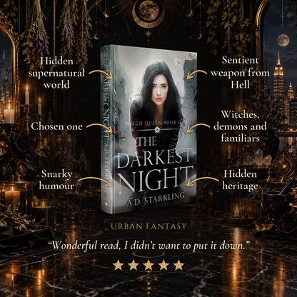 The Darkest Night Hardback tropes: Hidden supernatural world, Chosen one, Snarky humour, Sentient weapon from Hell, Witches, demons and familiars, Hidden heritage. Five-star reader review.