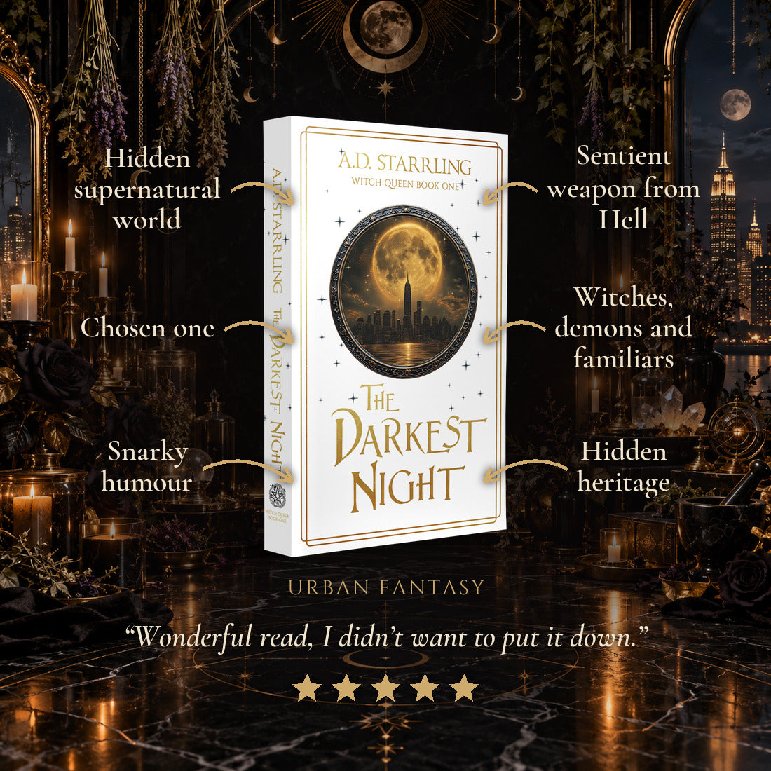 The Darkest Night Special Edition Paperback tropes: Hidden supernatural world, Chosen one, Snarky humour, Sentient weapon from Hell, Witches, demons and familiars, Hidden heritage. Five-star reader review.