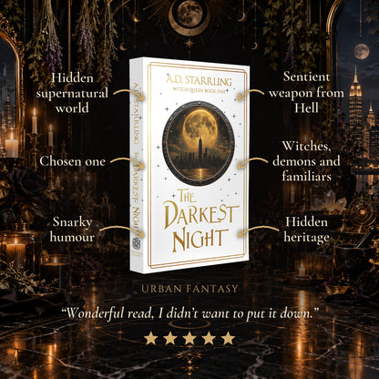 The Darkest Night Special Edition Paperback tropes: Hidden supernatural world, Chosen one, Snarky humour, Sentient weapon from Hell, Witches, demons and familiars, Hidden heritage. Five-star reader review.