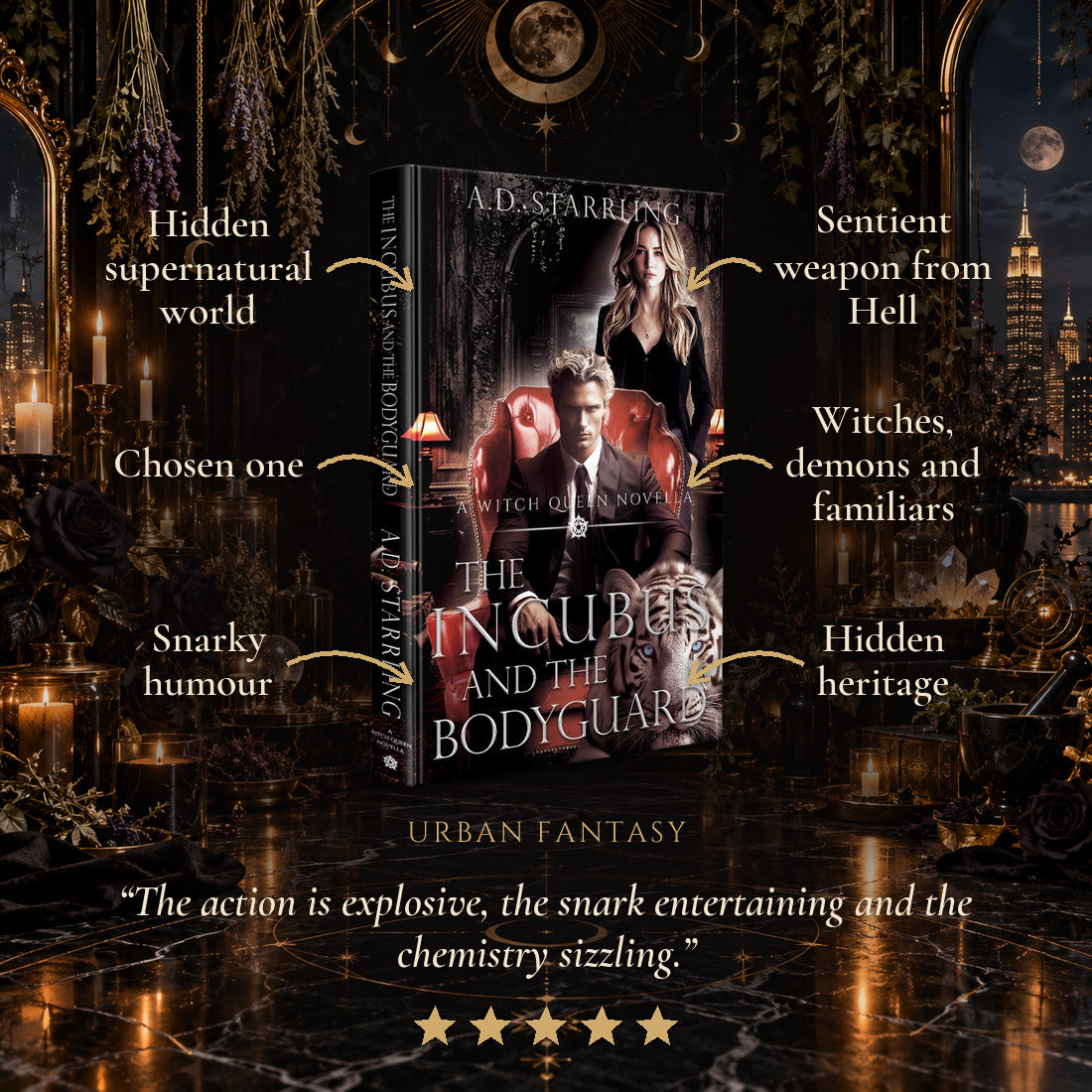 The Incubus and the Bodyguard Hardback tropes: Hidden supernatural world, Chosen one, Snarky humour, Sentient weapon from Hell, Witches, demons and familiars, Hidden heritage. Five-star reader review.