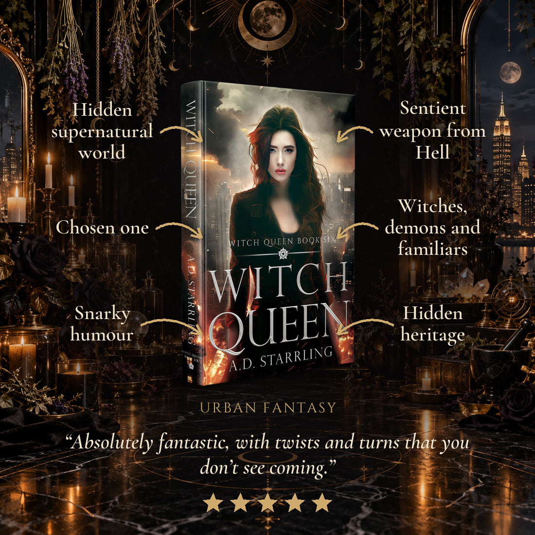 Witch Queen Hardback tropes: Hidden supernatural world, Chosen one, Snarky humour, Sentient weapon from Hell, Witches, demons and familiars, Hidden heritage. Five-star reader review.