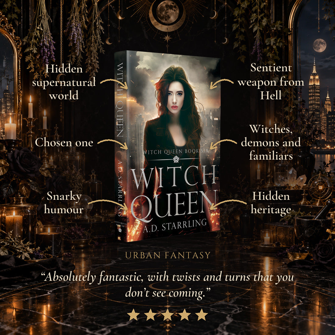 Witch Queen Paperback tropes: Hidden supernatural world, Chosen one, Snarky humour, Sentient weapon from Hell, Witches, demons and familiars, Hidden heritage. Five-star reader review.