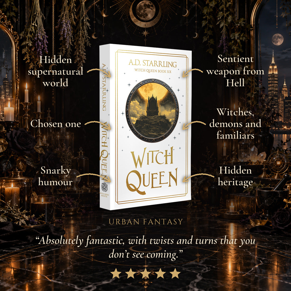 Witch Queen Special Edition Paperback tropes: Hidden supernatural world, Chosen one, Snarky humour, Sentient weapon from Hell, Witches, demons and familiars, Hidden heritage. Five-star reader review.