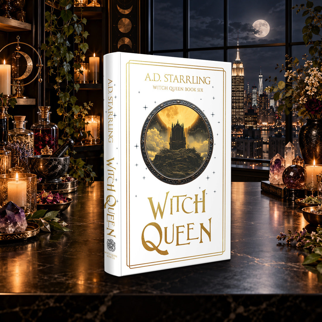 Witch Queen (Witch Queen Book 6) Special Edition Hardback by A.D. Starrling on a marble table by a moonlit window over the New York skyline