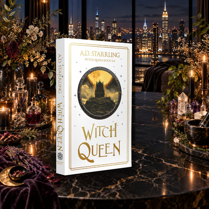 Witch Queen (Witch Queen Book 6) Special Edition Paperback by A.D. Starrling on a marble table among crystals and candles with the New York skyline at night